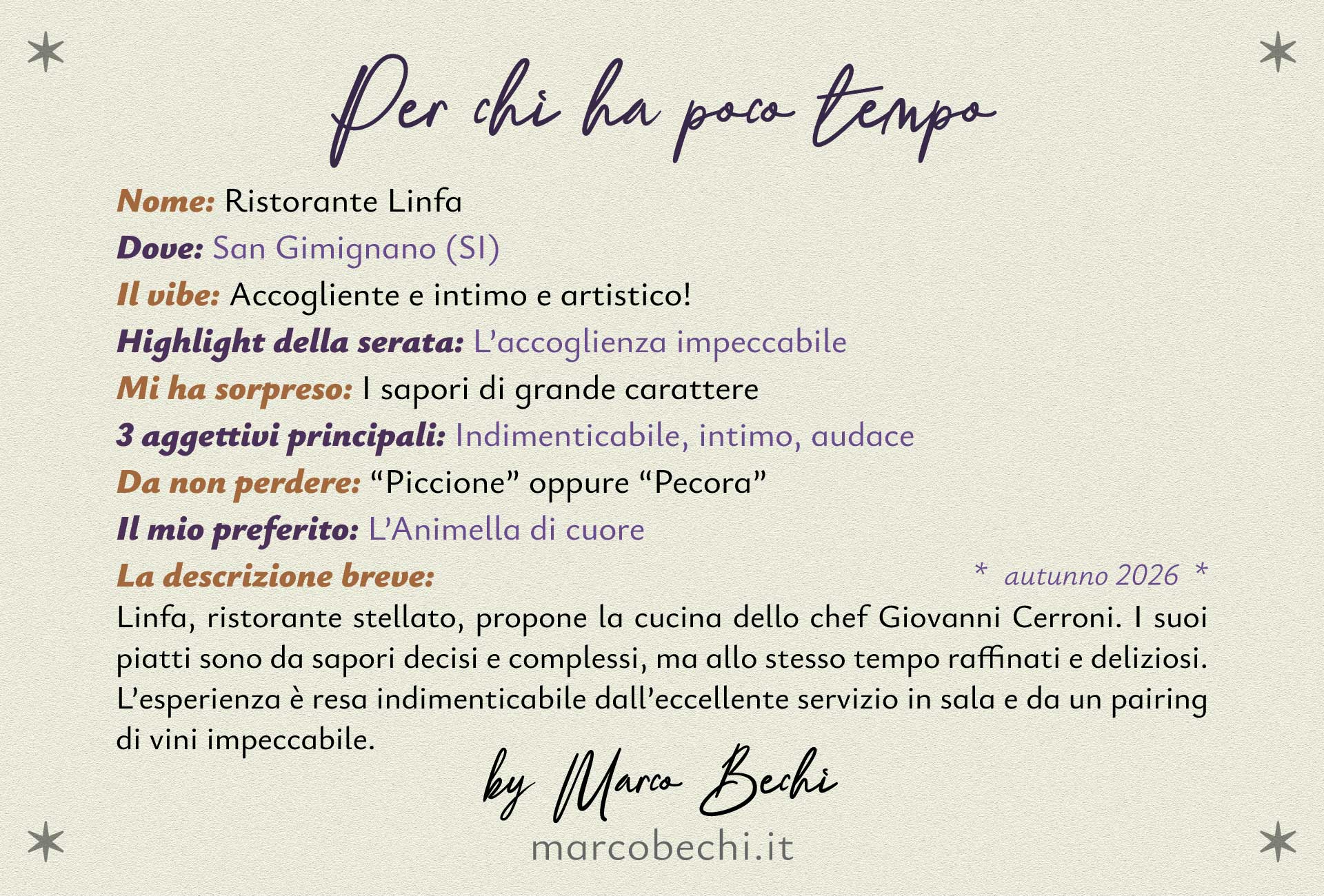 Ristorante Linfa - Per Chi Ha Poco Tempo