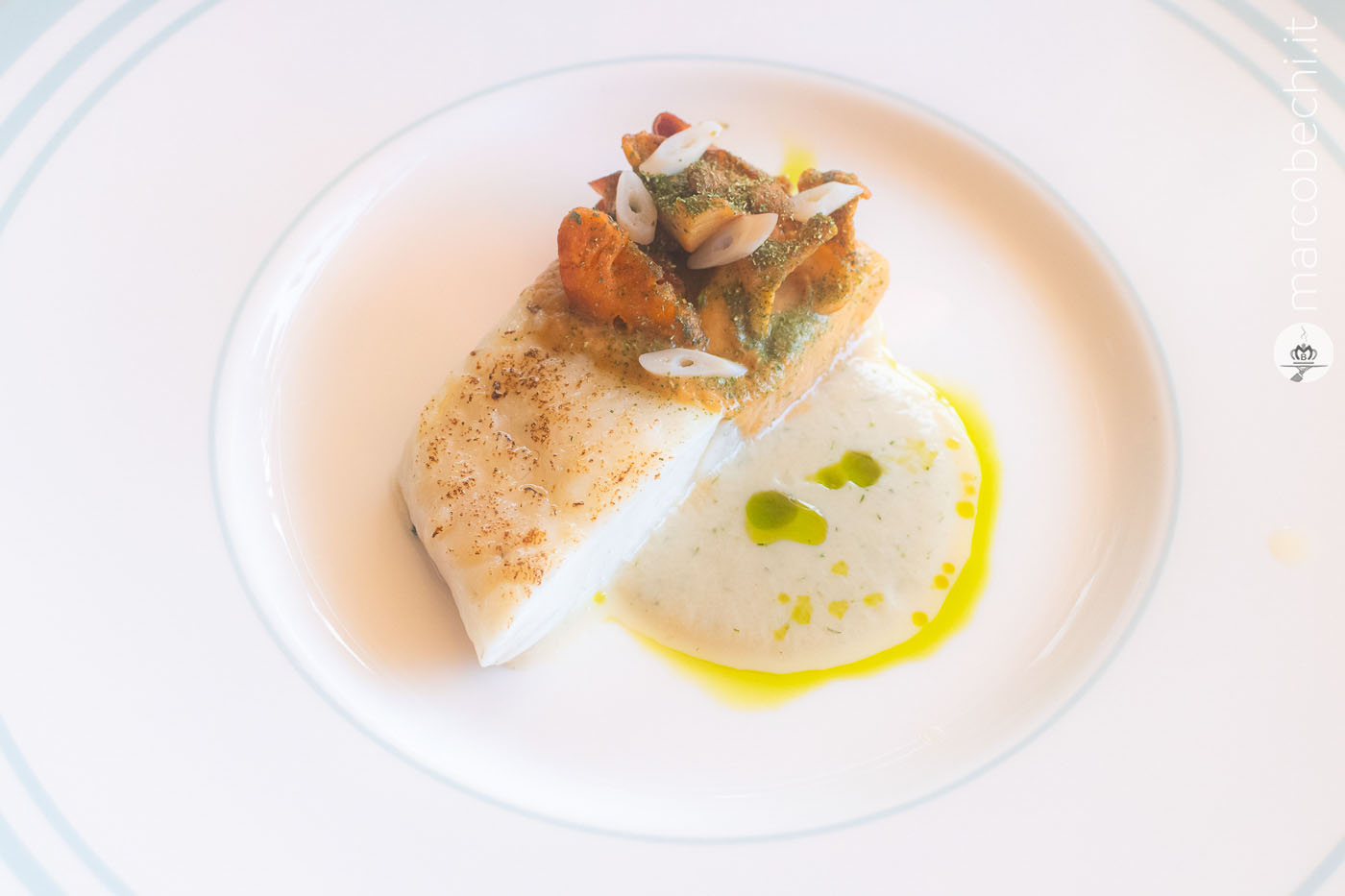 Rombo dell'Argentario, funghi di stagione e salsa ai cannolicchi